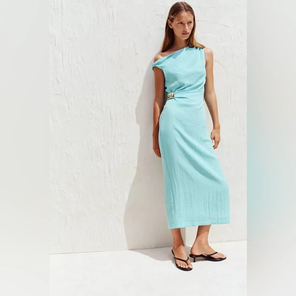 NWT ZARA ASYMMETRIC MIDI DRESS WITH APPLIQUÉ - Picture 2 of 9